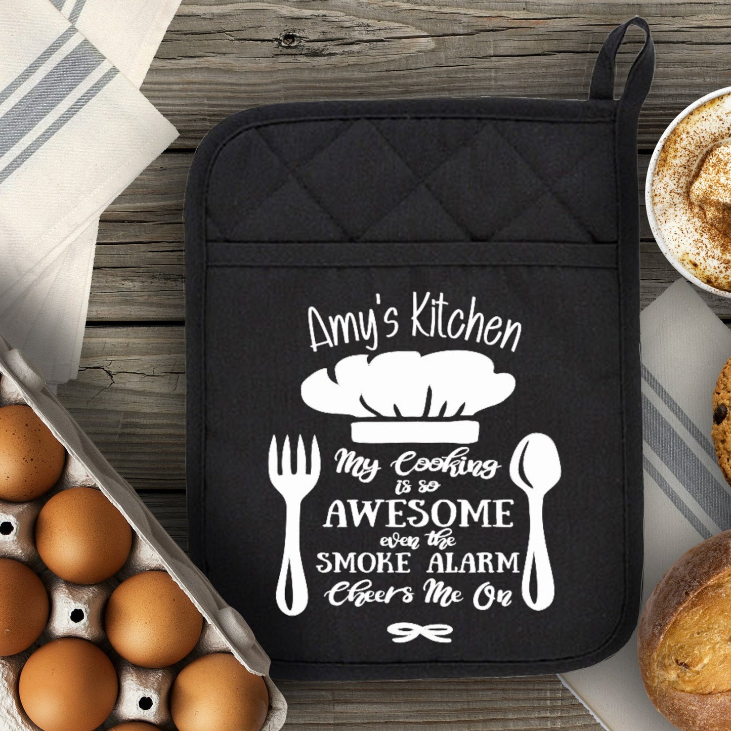 personalized Pot Holder My Cooking is so awesome, even the Smoke Alarm Cheers me on