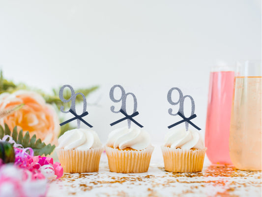 90th Birthday Cupcake Toppers, Ninety Cupcake Topper, Glitter