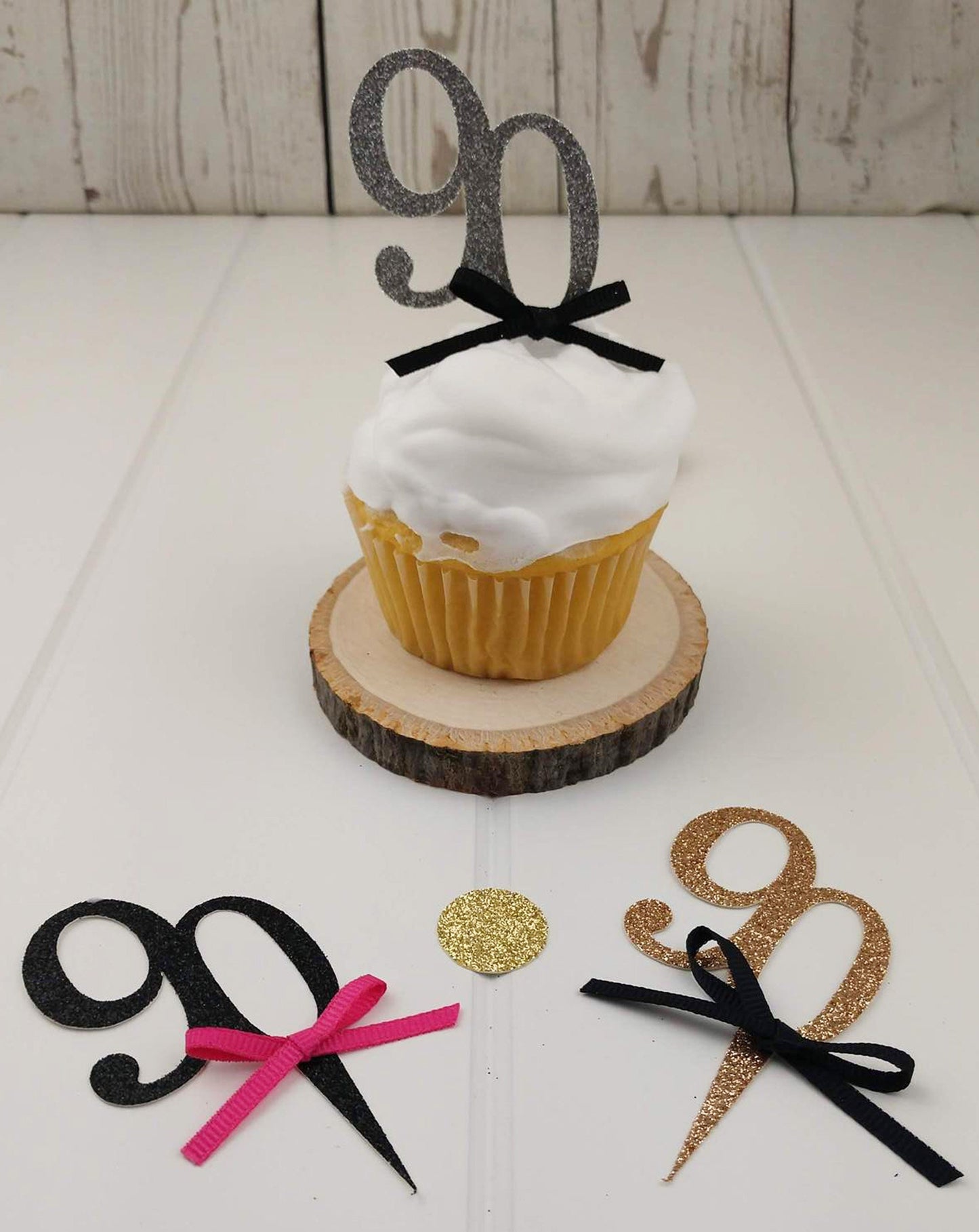 90th Birthday Cupcake Toppers, Ninety Cupcake Topper, Glitter
