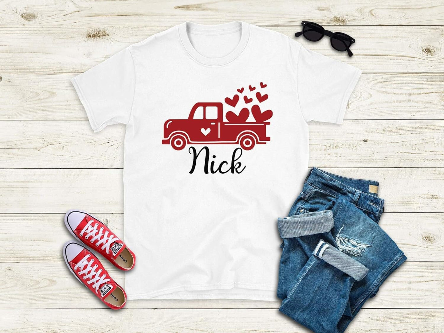 Personalized Valentine's Day Hearts Truck T-shirt Outfit Youth 2T-5T XS-XL
