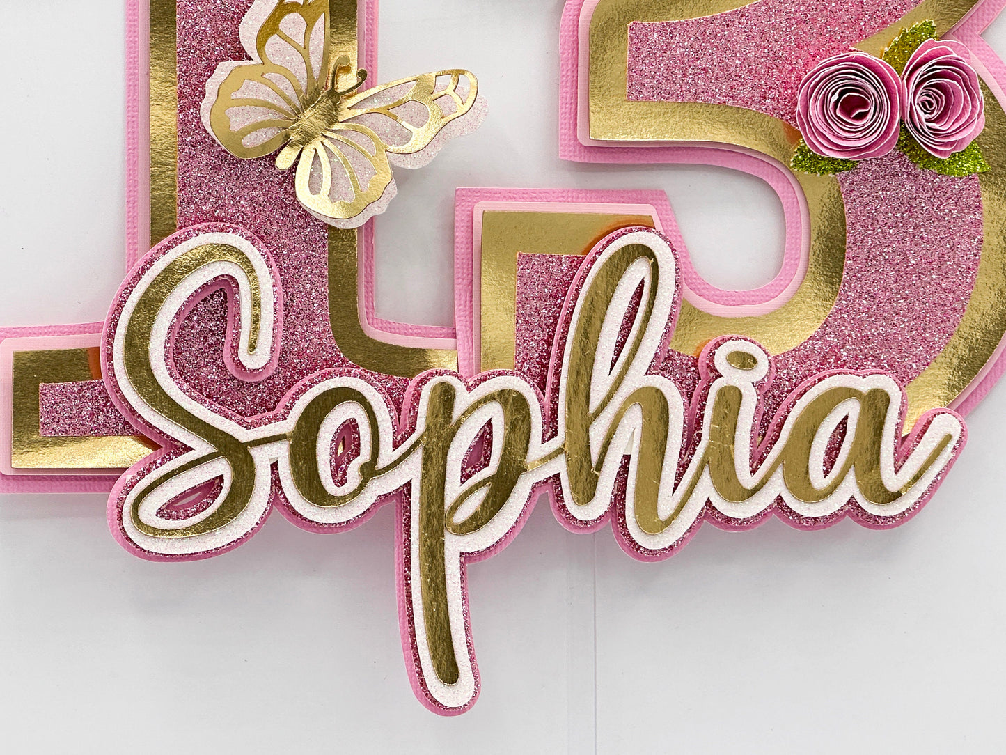 3D Custom Glitter Number Birthday Cake Topper, Floral Butterfly 3D Name and Age Birthday cake, Personalized cake topper, Custom Cake Topper