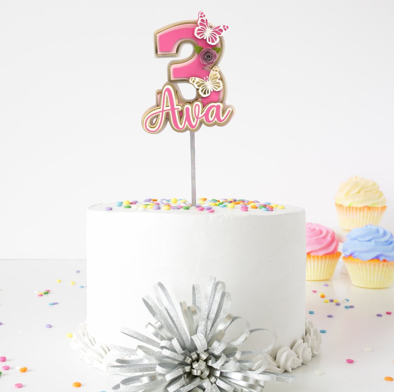 3D Custom Number Birthday Cake Topper, Floral Butterfly 3D Name and Age Birthday cake, Personalized cake topper, Custom Cake Topper