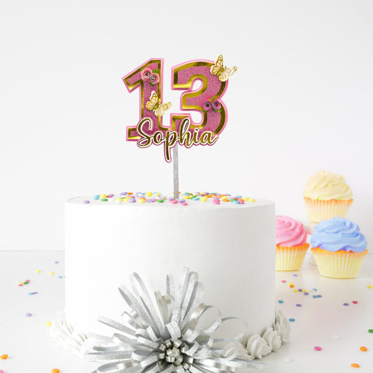 3D Custom Glitter Number Birthday Cake Topper, Floral Butterfly 3D Name and Age Birthday cake, Personalized cake topper, Custom Cake Topper