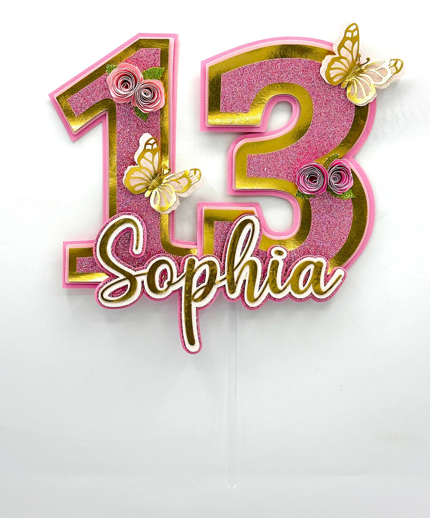 3D Custom Glitter Number Birthday Cake Topper, Floral Butterfly 3D Name and Age Birthday cake, Personalized cake topper, Custom Cake Topper