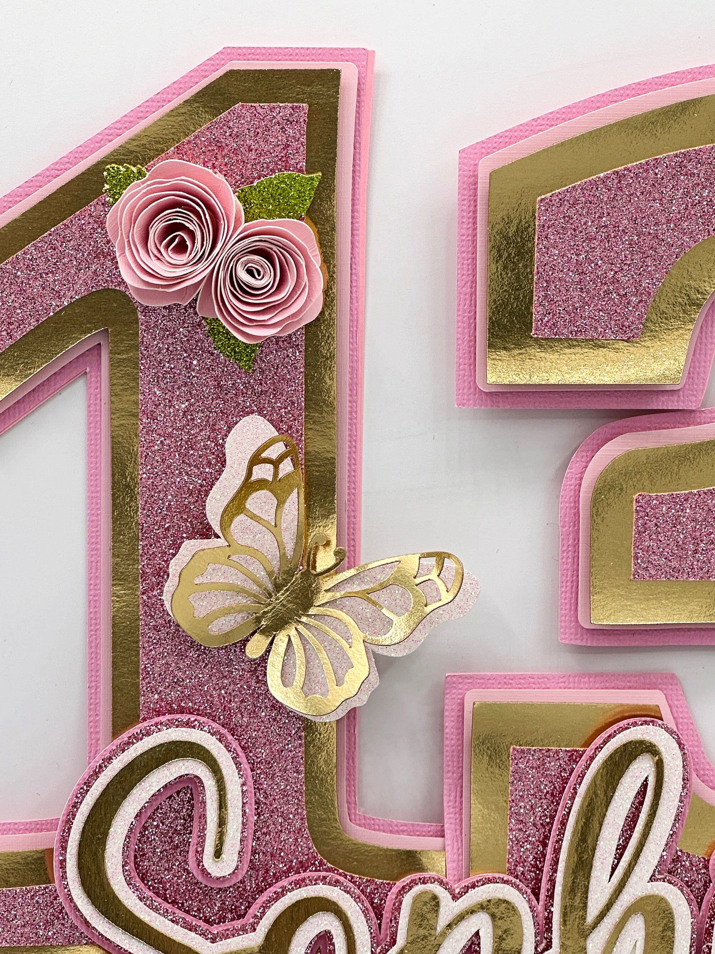3D Custom Glitter Number Birthday Cake Topper, Floral Butterfly 3D Name and Age Birthday cake, Personalized cake topper, Custom Cake Topper