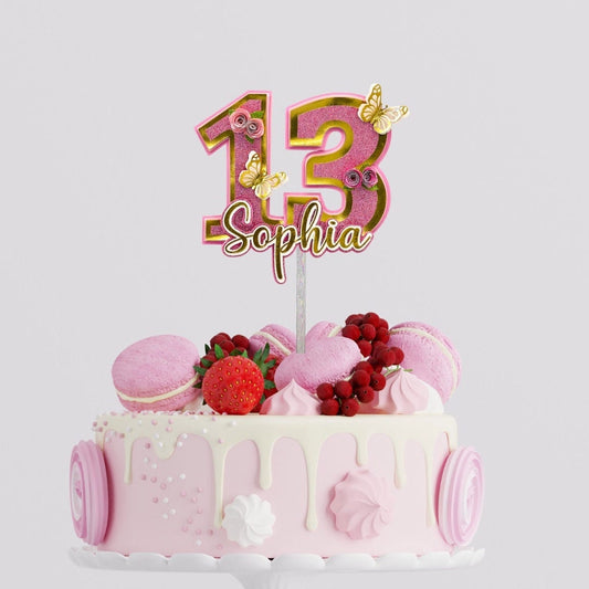 3D Custom Glitter Number Birthday Cake Topper, Floral Butterfly 3D Name and Age Birthday cake, Personalized cake topper, Custom Cake Topper