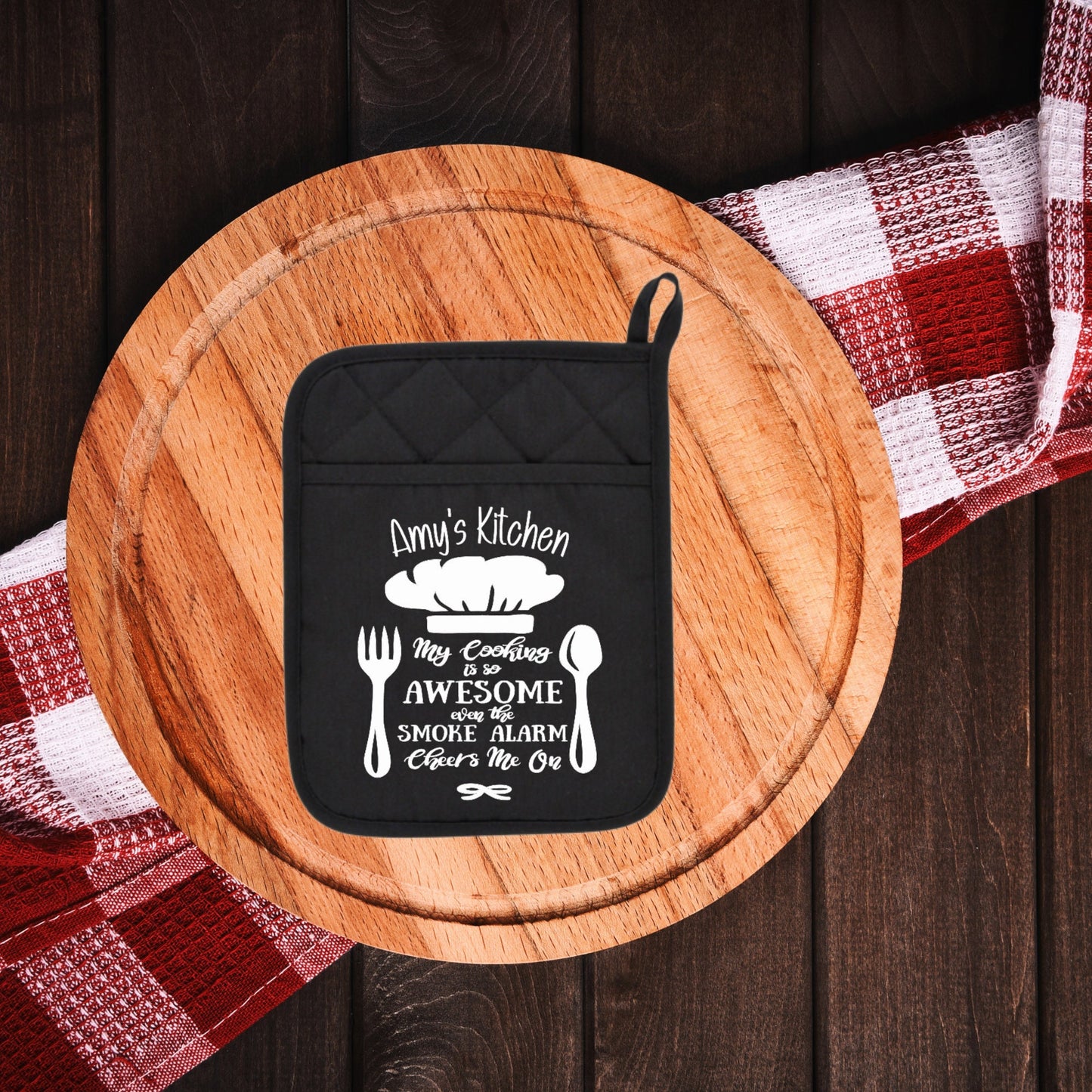 personalized Pot Holder My Cooking is so awesome, even the Smoke Alarm Cheers me on