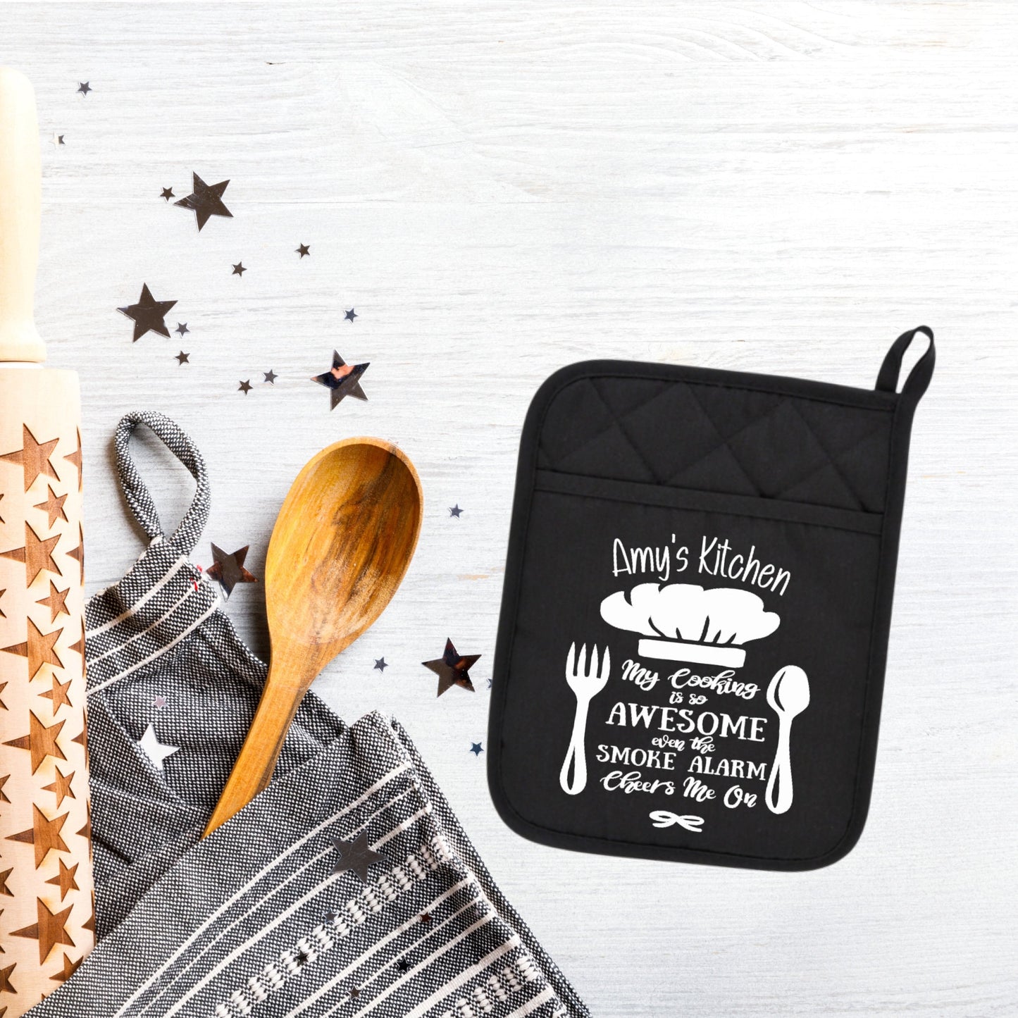 personalized Pot Holder My Cooking is so awesome, even the Smoke Alarm Cheers me on