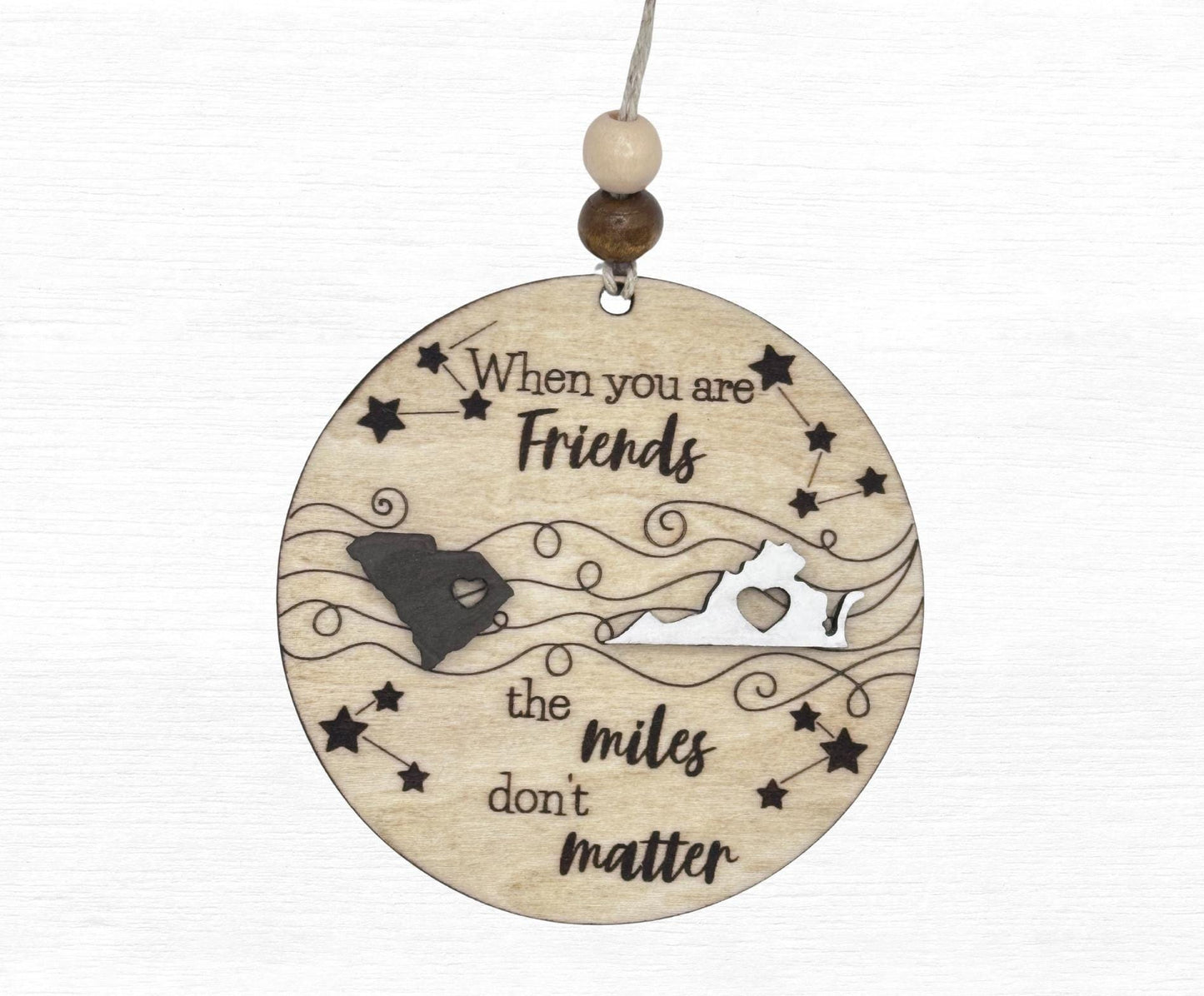 Long Distance Car Charm, Miles Apart Gift, Long Distance Family Friends, Togetherness Car Charm Gift, Custom State Gift